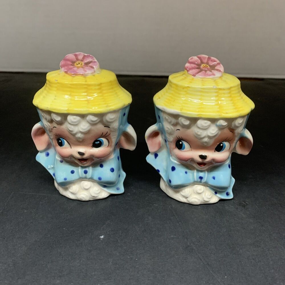 vintage Brinnco ceramic lamb salt and pepper shakers from the 1950s.